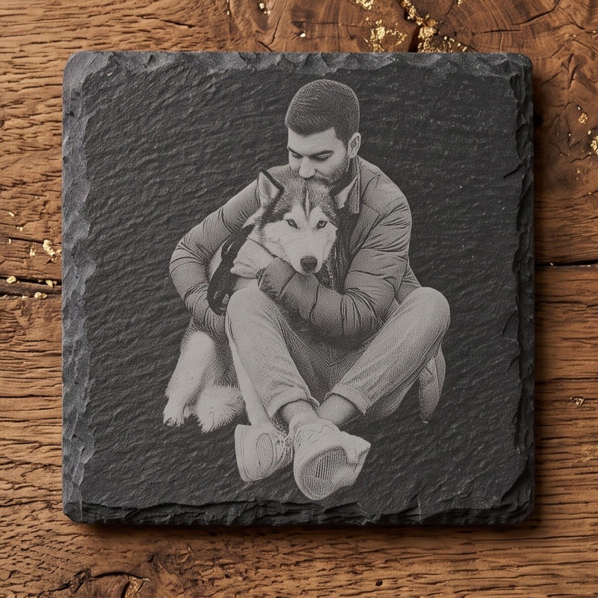A photo engraved onto a natural-edge slate coaster