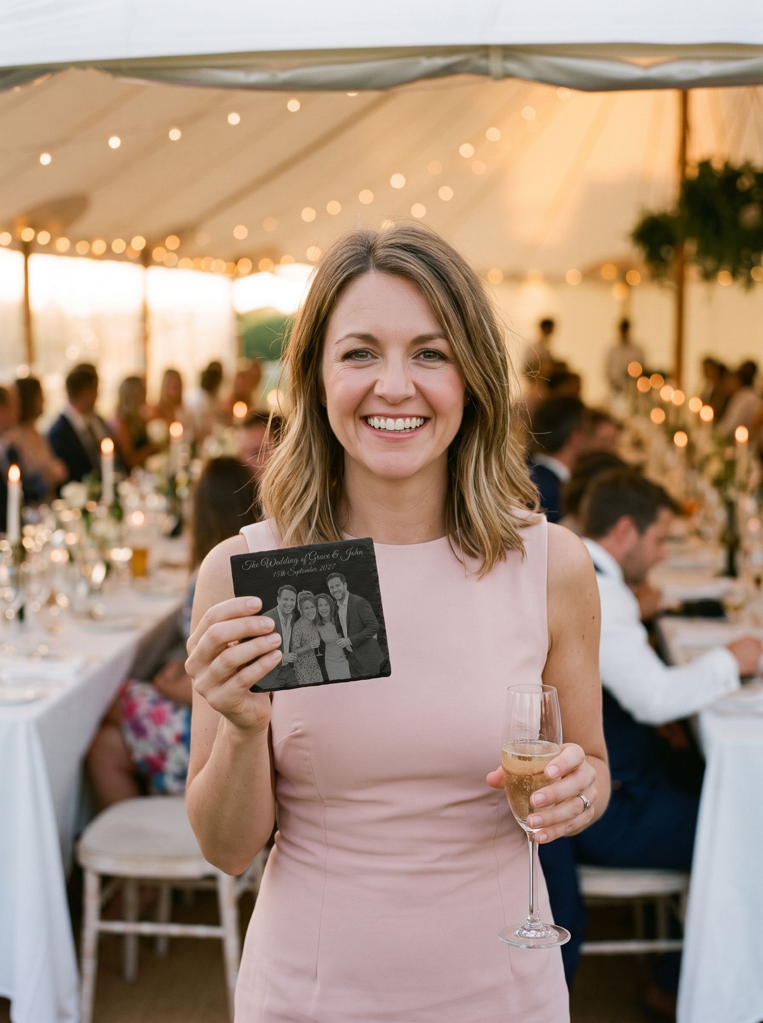 A guest holding her engraved slate coaster