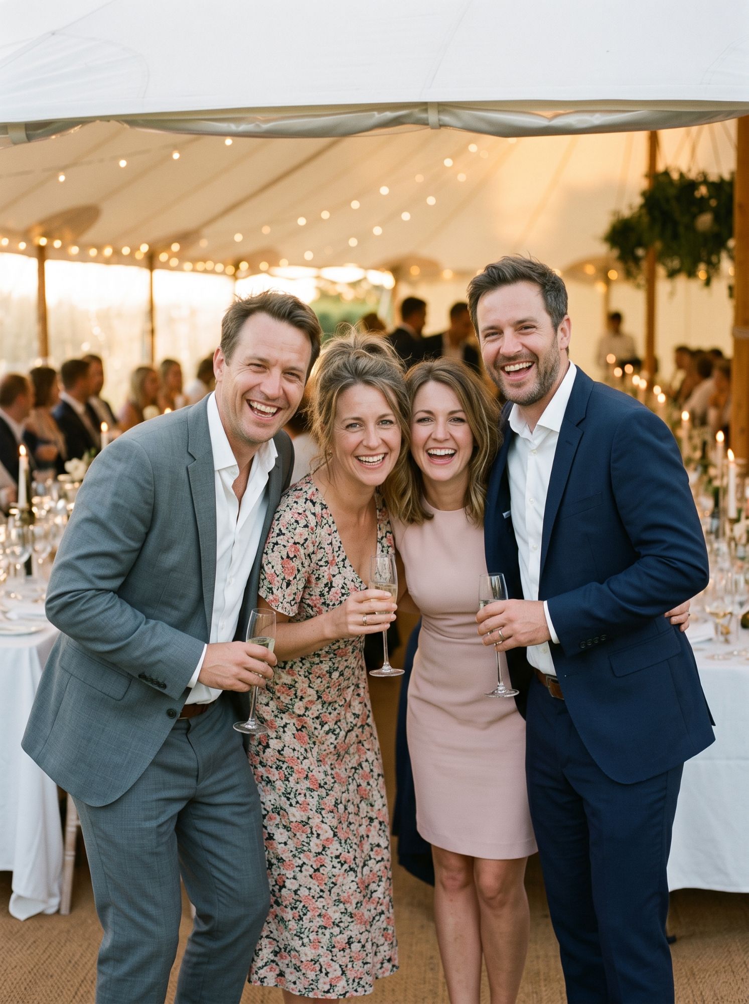 Four wedding guests smiling for a photo